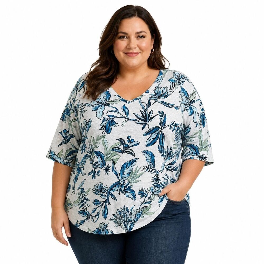 Tahari Top Womens 1X Blue Linen Floral Tunic V Neck 3/4 Sleeve Summer Casual - Picture 1 of 6